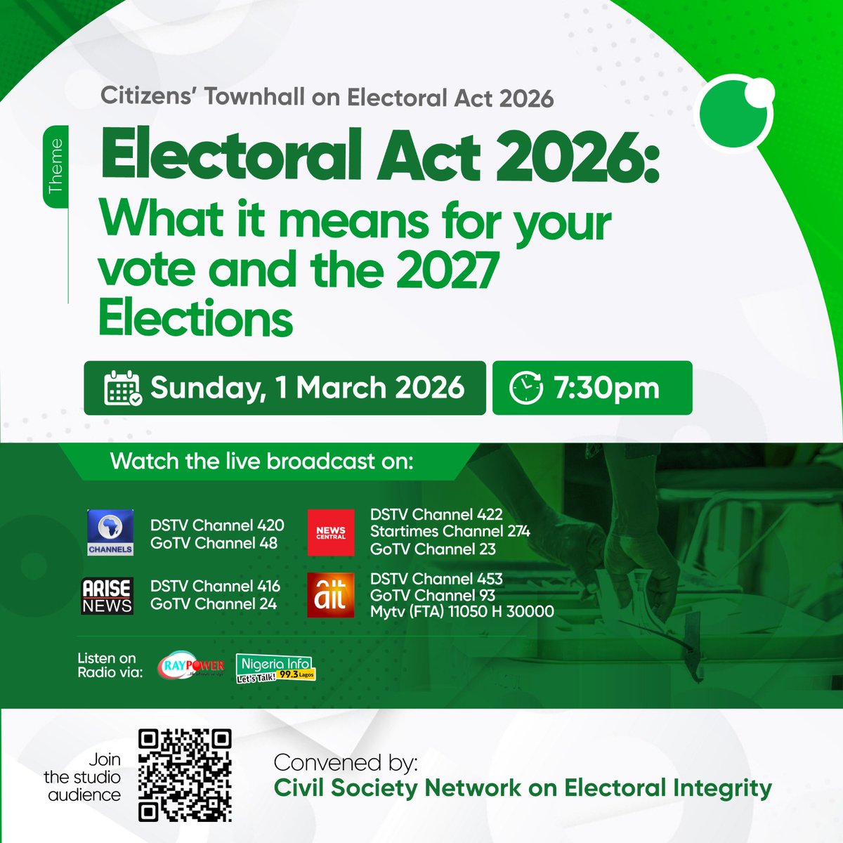 Join me at the Citizens’ Townhall today at 7:30PM.

As conversations around the Electoral Act 2026 continue to shape the future of our democracy, this townhall provides an important space for public dialogue and clarity.
I will be speaking on the panel:
“Electoral Act 2026 and