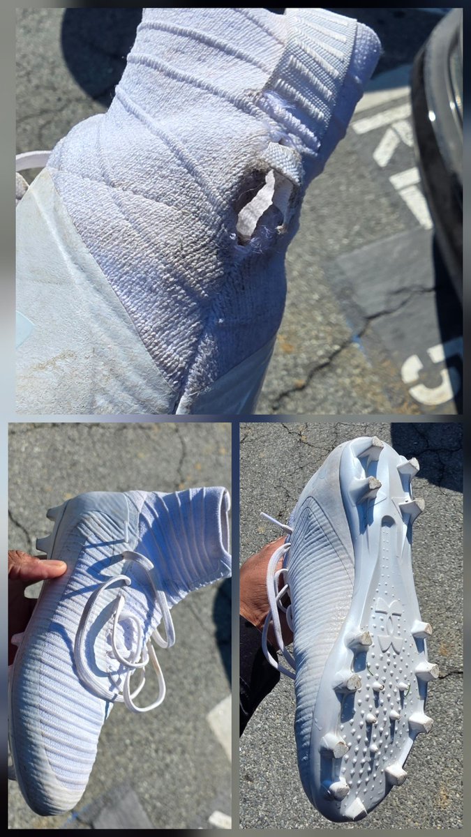 SteveWmsCNN's tweet photo. @UnderArmour what would be the process of dealing with this hole in the shoe. These cleats have been worn 10 times. https://t.co/eAVadJVgaA