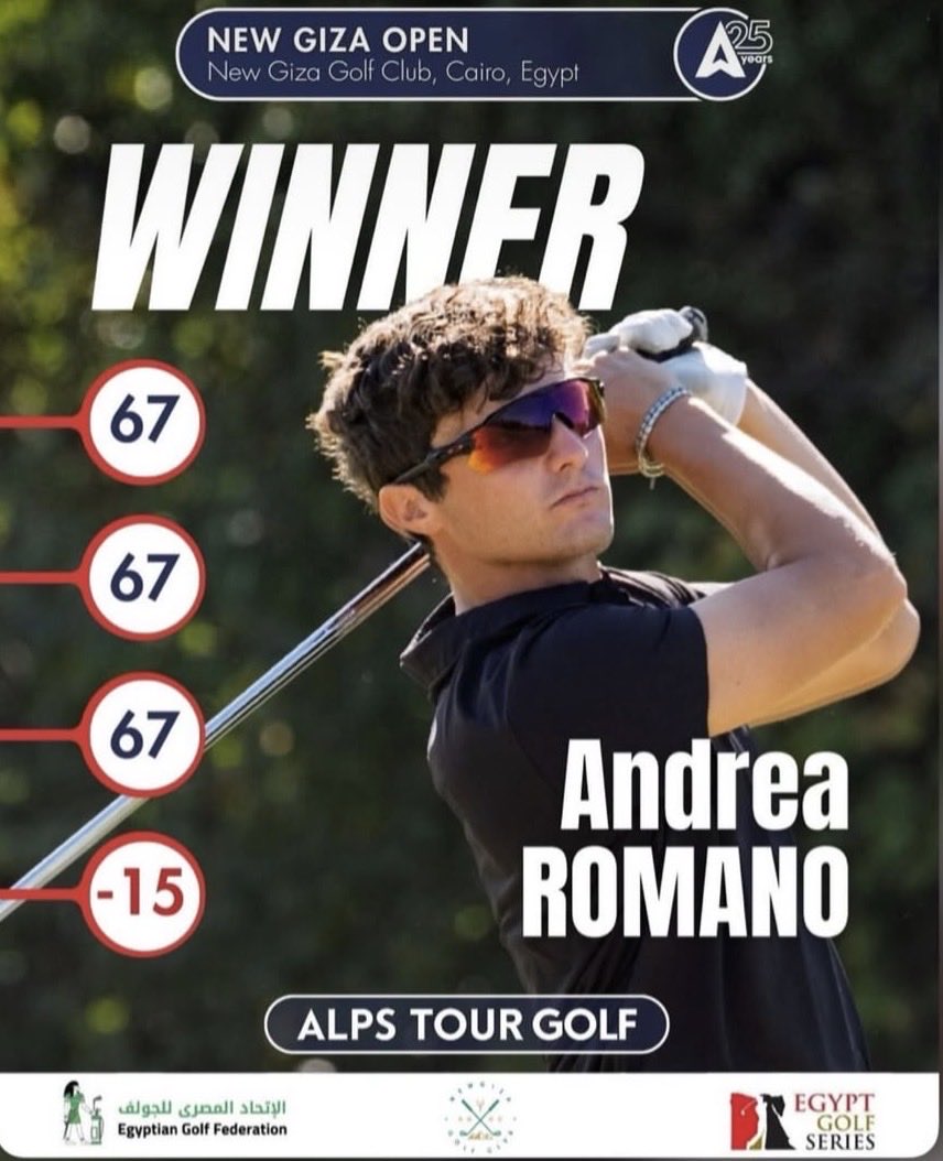 Castelgolf's tweet photo. 🤩🏆 Seconda Vittoria consecutiva per ANDREA ROMANO 💪 con un totale di -15 vince in Egitto 🇪🇬 New Giza Open altro successo sull’Alps Tour ⛳️🏌🏻‍♂️ Grandissimo Orgoglio per il nostro CAMPIONE 🫶🏻🥇 @alpstourgolf @federgolflazioumbria @federazioneitalianagolf @europeantourgolf https://t.co/ScWxKVFQZ4