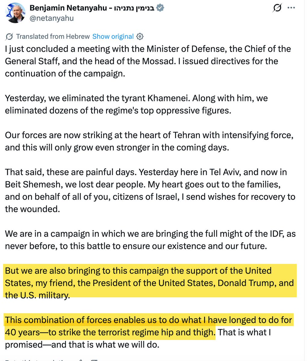 Why is it controversial (let alone anti-Semitic) to say that Netanyahu's supreme dream for 40 years was to lure the US into a regime-change war against Israel's primary regional adversary when Netanyahu himself is saying exactly this today? And now US soldiers are dying for it: