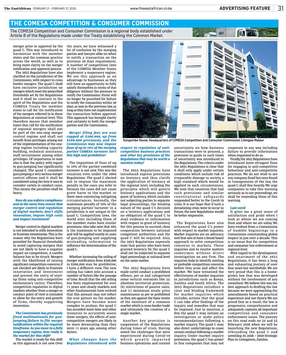 CCCC_COMESA's tweet photo. #CEOInterview #QuadC #TheEastAfrican #newRegulations
Would you wish to gain a better understanding of the new COMESA Competition and Consumer Regulations 2025? Catch up with this special feature in the East African Newspaper which featured an interview of the CEO of the COMESA Competition and Consumer Commission (now abbreviated, "Quad C"), Dr Willard Mwemba.
#AfricaCompetition #QuadC #CCCC #competition #anticompetitivepractices #mergers #consumerprotection #EastAfricanNewspaper #COMESA #COMESARegion #CommonMarket #COMESAMemberStates #Burundi #Comoros #Djibouti #DRC #Egypt #Eritrea #ESwatini #Ethiopia #Kenya #Libya #Madagascar #Malawi #Mauritius #Rwanda #Seychelles #Somalia #SouthAfrica #Sudan #Tunisia #Uganda #Zambia #Zimbabwe

@The_EastAfrican