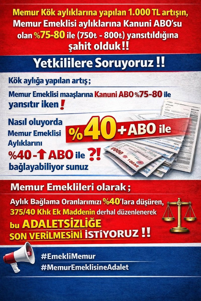 <a href="/Emegin_Halleri/">aziz çelik</a> <a href="/YilmazsenT/">nogaydeniz</a> %75 ve üzeri!!
ABO’nun aynı olduğunu Ocak 2026’da kök aylığa yapılan 1000 tl artışın Memur Emeklisine nasıl yansıdığından anlayabiliriz.
Tek sorun çalışan Memura verilen Seyyanen Ödemenin Memur Emeklisine yansıtılmamasından kaynaklanıyor!!
Şu an güncel 22.157 TL Seyyanen Ödeme