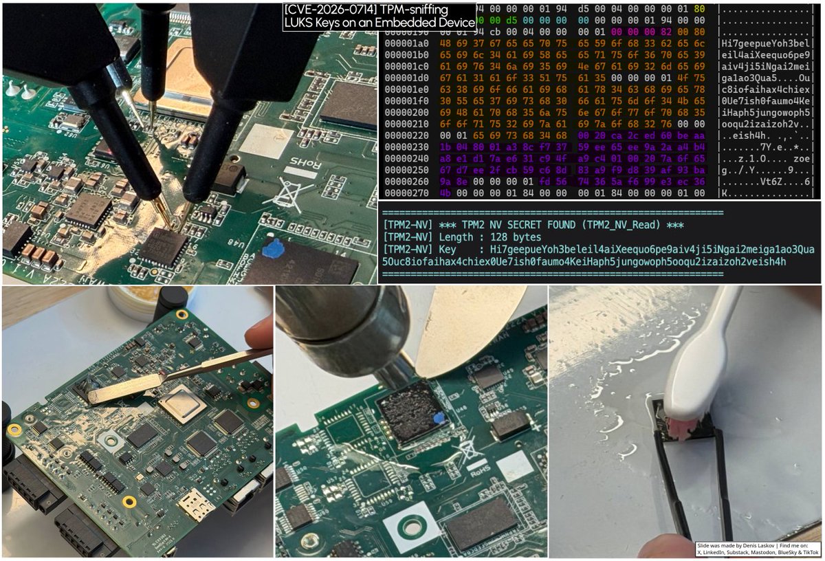 Hacking a Linux device with TPM + LUKS encryption: extracting the TPM key from SPI in plaintext. 🐧💻👂🔑🎉

More details on:
LinkedIn: linkedin.com/posts/dlaskov_…
Substack: it4sec.substack.com/p/hacking-a-li…