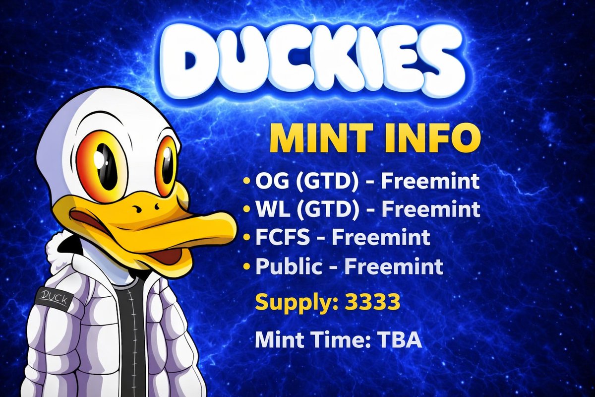 DUCKIES MINT INFO

Total Supply: 3333

All mint phases are Freemint:

• OG (Guaranteed) 
• WL (Guaranteed) 
• FCFS 
• Public ( if anything remains )

Mint time will be announced soon.

We are not just launching an NFT collection.
We are building a 3D game where your Duckies