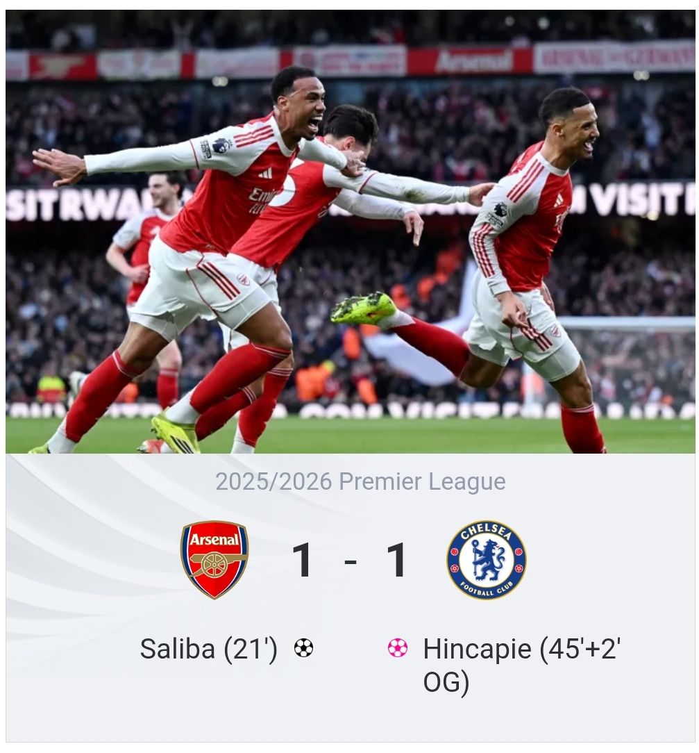 977unityfm's tweet photo. HT. Arsenal 1-1 Chelsea: Hincapie nets own goal after Saliba header from corner.
#UnityfmSports | #UnityfmNews | #UnityAt25 https://t.co/8E5i28KKvI