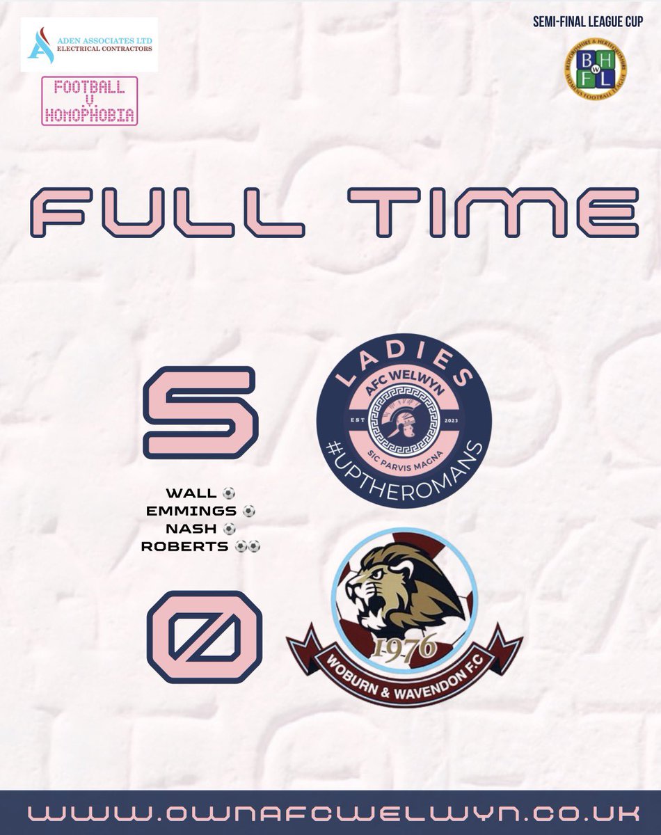 AFCWelwynLadies's tweet image. WE’RE THROUGH TO THE FINAL 💥🔥

What a performance from the girls today!

AFC Welwyn Ladies 5️⃣–0️⃣ Woburn &amp;amp; Waverdon Women

Goalscorers:
⚽️ WALL
⚽️ EMMINGS
⚽️ NASH
⚽️⚽️ ROBERTS

Five goals. Clean sheet. Final secured. 💪

#UpTheWelwyn #CupFinal #TeamPerformance #OntoTheFinal