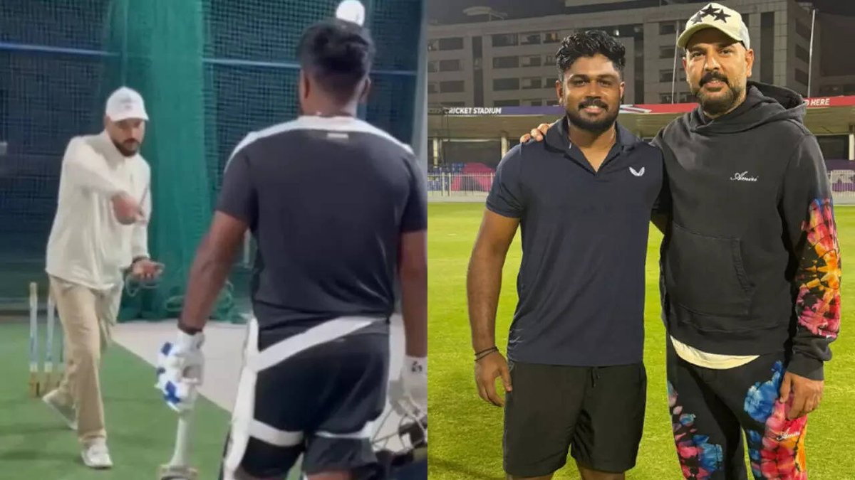 iamSamujjwal's tweet photo. When you receive guidance from the original expert of ICC tournaments, exceptional performance will naturally follow.... Sanju Samson 🤝 Yuvraj Singh #SanjuSamson #INDvsWI https://t.co/3DxzzgplLT