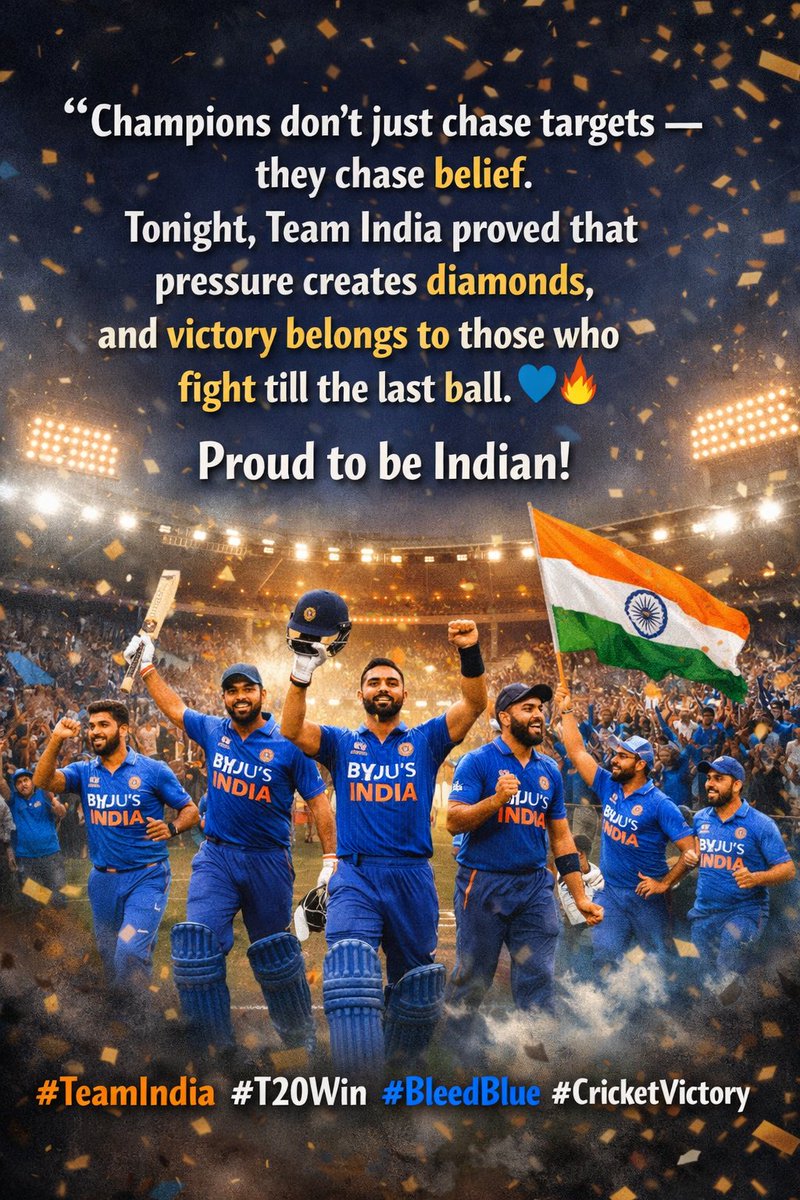 amalig434's tweet photo. "Champions don’t just chase targets — they chase belief.
Tonight, Team India proved that pressure creates diamonds,
and victory belongs to those who fight till the last ball. 💙🔥
Proud to be Indian!"
#TeamIndia #T20Win #BleedBlue #CricketVictory https://t.co/uNwGW1uKj9