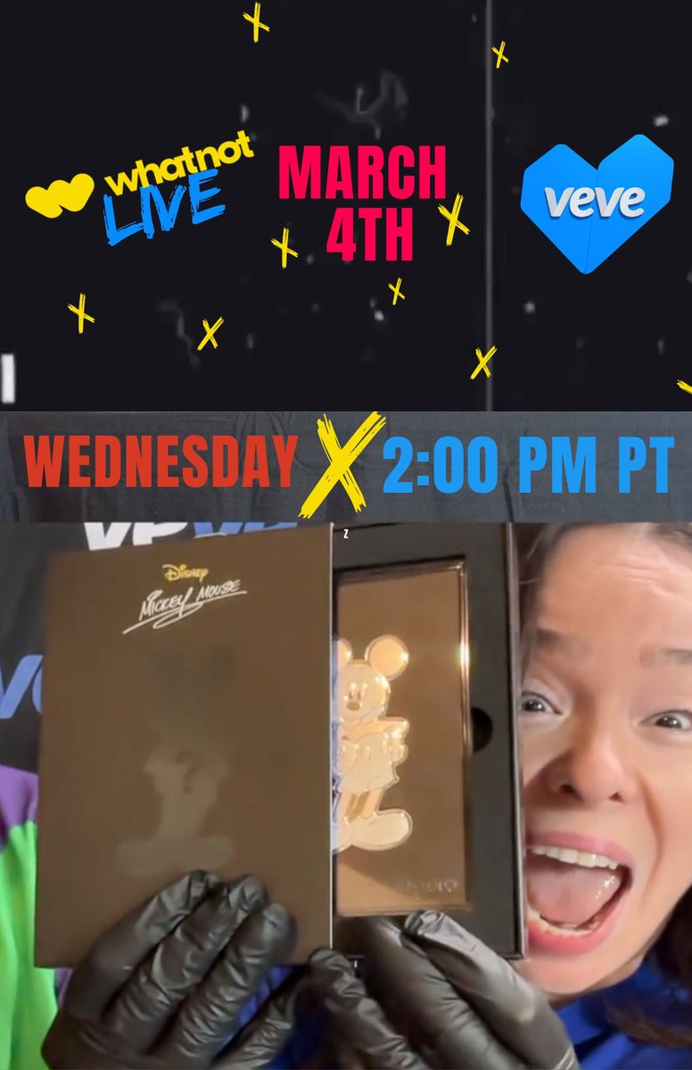 🚨  Blind Box Bonanza Reloaded 🚨 

VeVe goes LIVE on Whatnot Wed March 4th • 2PM PT
Marvel Blind bags ✔️ 
Mickey Agoro ✔️ 
FiGPiN/Prototypes ✔️ 
Chaos! ✔️ 

Hang out with VeVeFam and Newcomers! 💙 whatnot.com/live/807673f1-…