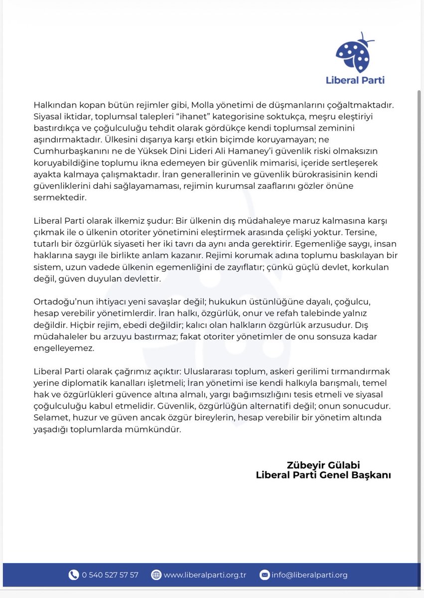 Amerika Birleşik Devletleri ve İsrail’in İran’a yönelik gerçekleştirdiği saldırıya ilişkin Genel Başkanımızın Açıklaması

<a href="/ZGulabi/">Zübeyir Gülabi</a> <a href="/liberalpartiorg/">Liberal Parti</a>