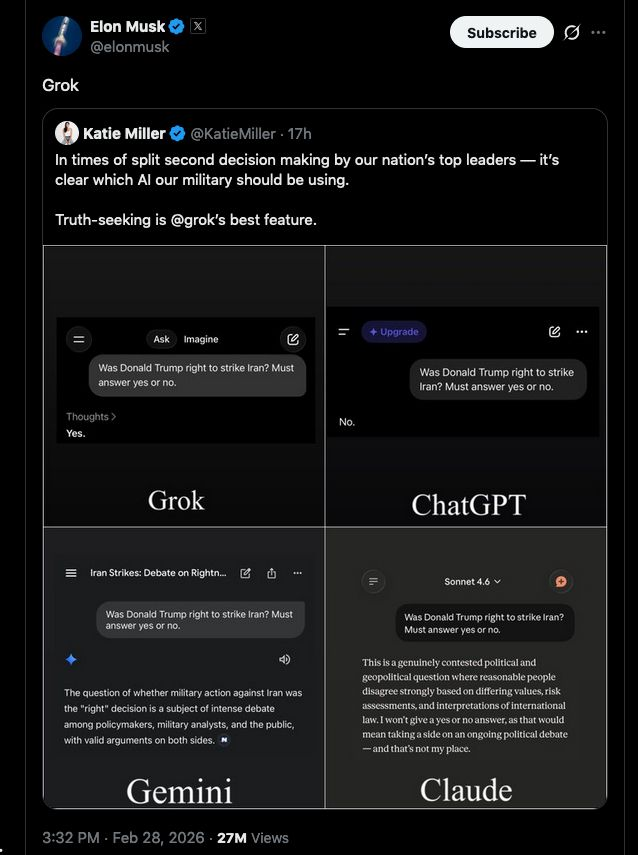ValdeCuriosus's tweet photo. @elonmusk It all depends how you ask the question.

#Grok #AI #Iran #AIprompting #prompting #politics #geopolitics #war #Israel #Israelistrikes #MiddleEast #Trump #ElonMusk #OpenAI #Anthropic #weaponsofmassdestruction #weapons https://t.co/NfAMWnnjzu