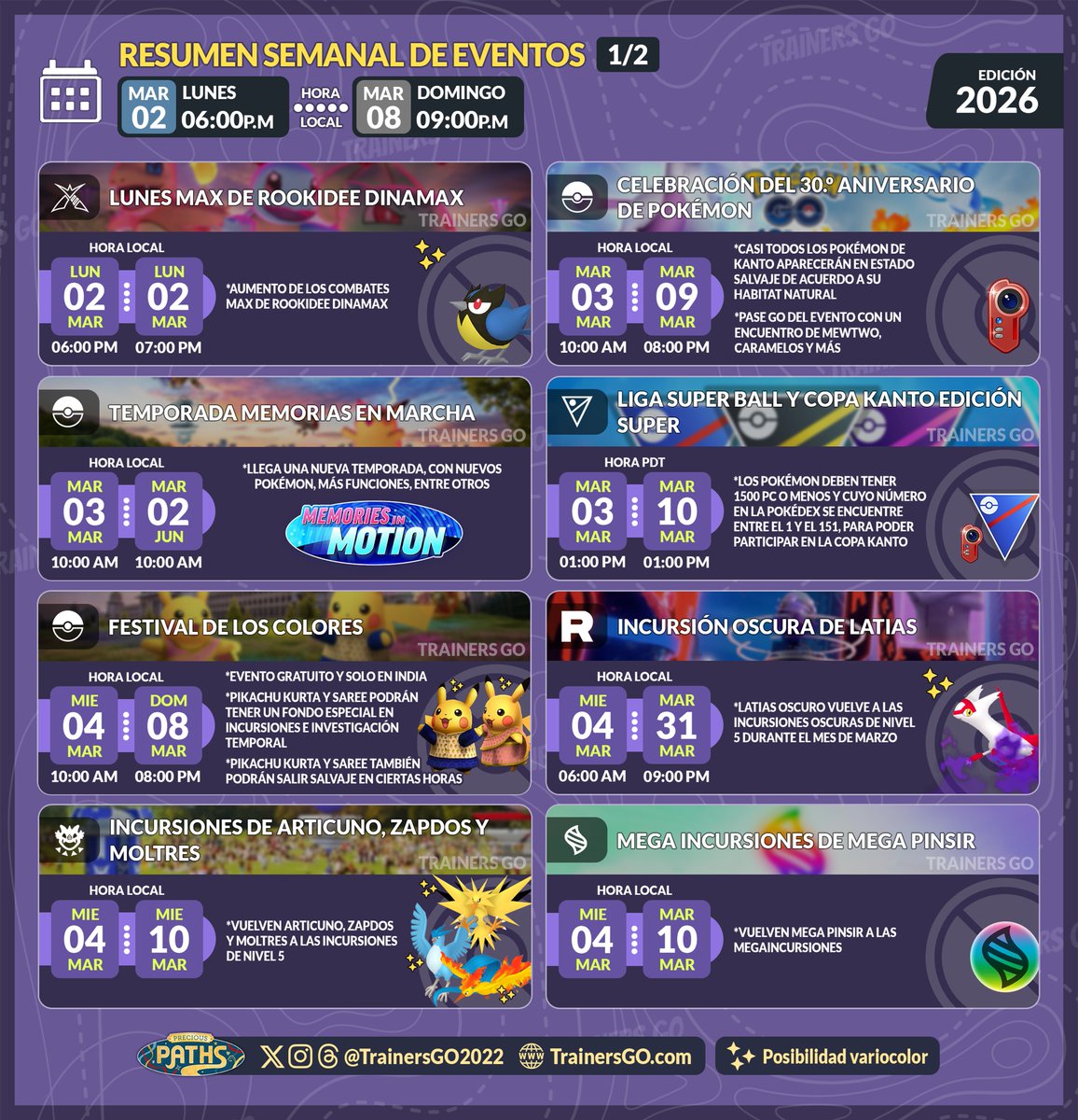 trainersgo2022's tweet photo. 🥳 Detalles de los eventos para la próxima semana en Pokémon GO.

📎Más info de estos eventos y de otros eventos por venir aquí:
https://t.co/6No1jhNbEh

#pokemongoapp #pokemongo #pokemongoapp #dexfeedgo #PreciousPaths #MemoriesInMotion https://t.co/ZZr0uSbKpU