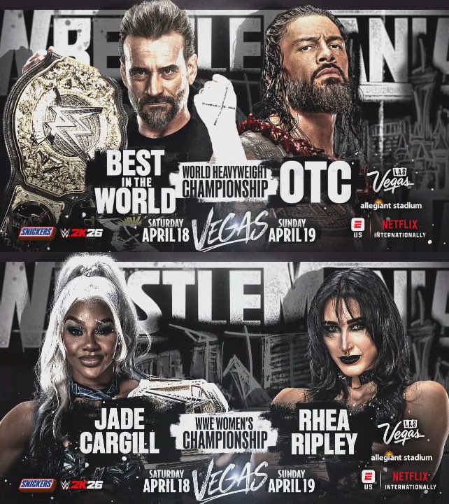 The top Championship Matches at #WrestleMania 42 are now officially set:

• CM Punk vs. Roman Reigns (World Title)

• Stephanie Vaquer vs. Liv Morgan (World Title)

• Drew McIntyre vs. Randy Orton (Undisputed Title)

• Jade Cargill vs. Rhea Ripley (Women’s Title)