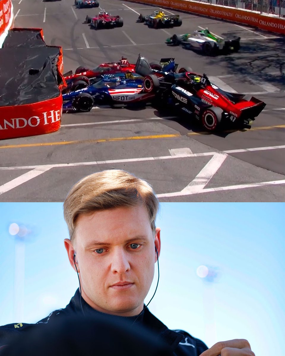 Motorsport's tweet image. Mick Schumacher had nowhere to go. 🫣

He sees trouble in his INDYCAR debut on lap one after Sting Ray Robb and Santino Ferrucci crash into the barrier.