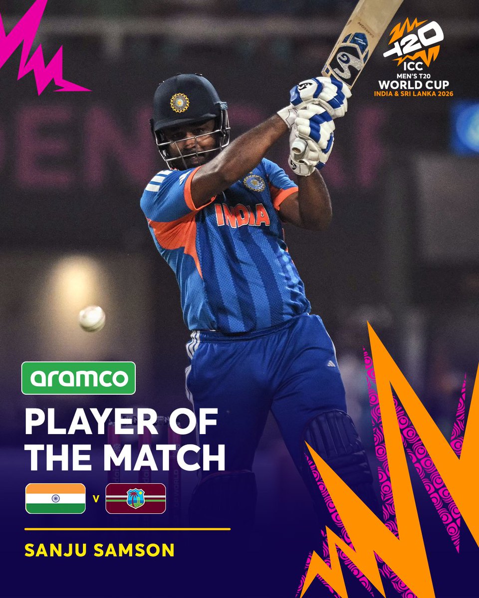 ICC's tweet photo. Sanju Samson's magical innings of 97* powered India into the semi-finals of the #T20WorldCup 2026🪄

He wins the @aramco POTM🏅

📝: https://t.co/NqHEWKEn3o https://t.co/ye0N1cvfCV