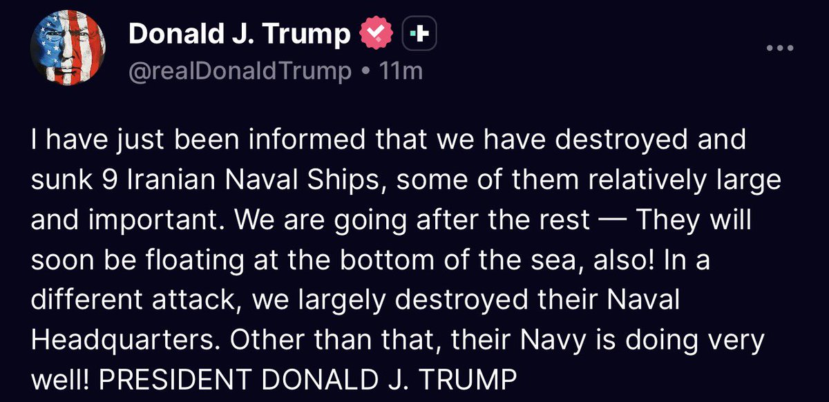 daopz's tweet photo. ATENCIÓN🔴

@POTUS desde su cuenta en Truth 

Me acaban de informar que hemos destruido y hundido 9 buques navales iraníes, algunos de ellos relativamente grandes e importantes. Vamos tras el resto - ¡Pronto también estarán flotando en el fondo del mar! En un ataque diferente, destruimos en gran medida su cuartel general naval. Aparte de eso, ¡a su Armada le va muy bien! EL PRESIDENTE DONALD J. TRUMP