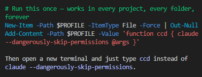 enes_code's tweet photo. Cool shortcut I made today!

writing "claude --dangerously-skip-permissions" was too long

So I shortened it to "ccd" (Claude Code Dangerous)

  I tried it, and it works! https://t.co/wBiKHOoPVk