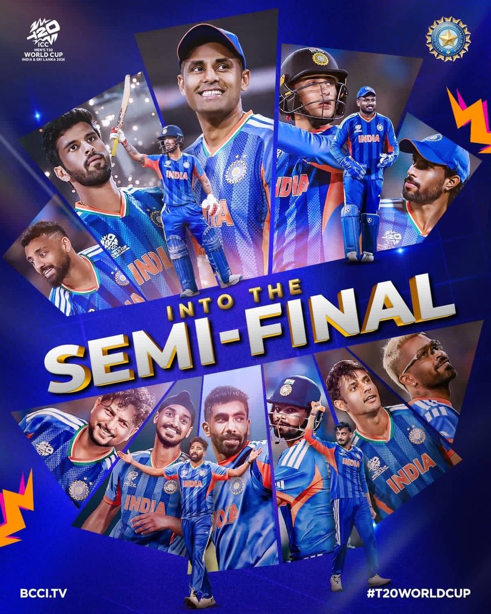 सेमीफाइनल में भारत🏏🇮🇳

#T20WorldCup2026 के सुपर-8 चरण में भारतीय क्रिकेट टीम ने जिस जज़्बे, अनुशासन और अद्भुत टीम वर्क का प्रदर्शन किया, वह हर देशवासी के लिए गर्व का क्षण है। वेस्ट इंडीज पर दमदार जीत दर्ज कर सेमीफाइनल में प्रवेश करना टीम की दृढ़ इच्छाशक्ति और उत्कृष्ट खेल कौशल