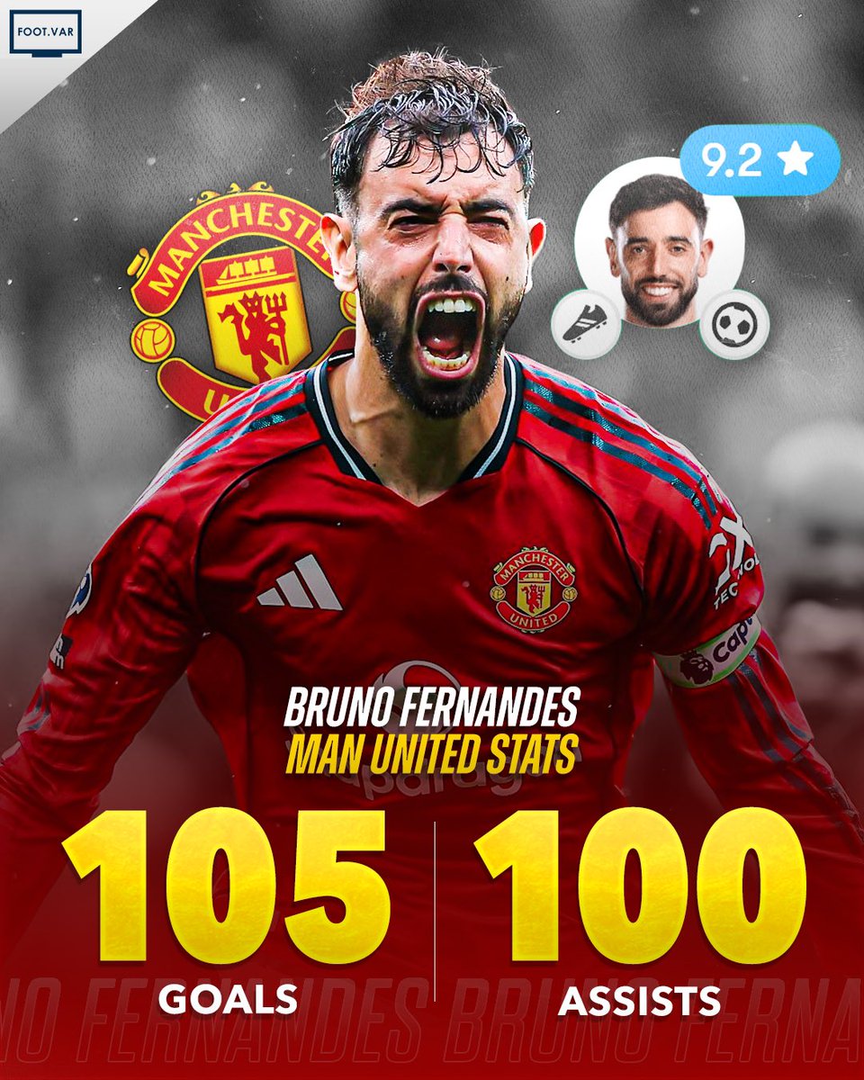 🇵🇹 Bruno Fernandes becomes only the third player in Man United history to hit 100+ goals &amp; 100+ assists! 🤯

⚽️ 105 goals
🎯 100 assists
💎 205 G/A
🏆 2 trophies

Already a club legend! 👹✨