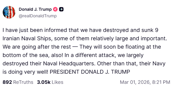 أعلن الرئيس الأمريكي دونالد #ترامب، عبر حسابه الرسمي على منصة "تروث" عن تنفيذ عمليات عسكرية أسفرت عن تدمير وإغراق 9 سفن تابعة للقوات البحرية الإيرانية، وتدمير مقر قيادتها.

وأكد الرئيس ترامب في منشوره أنه أُبلغ للتو بنجاح الضربات في تدمير وإغراق السفن التسع، مشيراً إلى أن بعضها