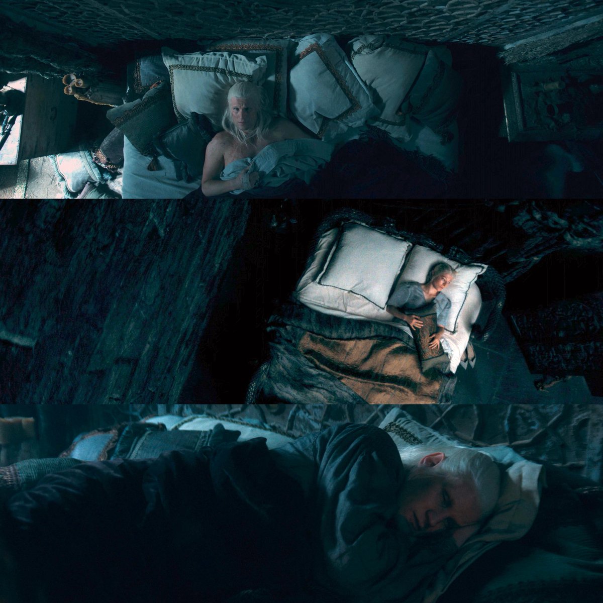 VISVNYA's tweet photo. my valyrian empire is daemon and rhaenyra sleeping on their respective side of the bed while apart and him sliding to her side as the season progresses 😭 https://t.co/UToKXQU72s