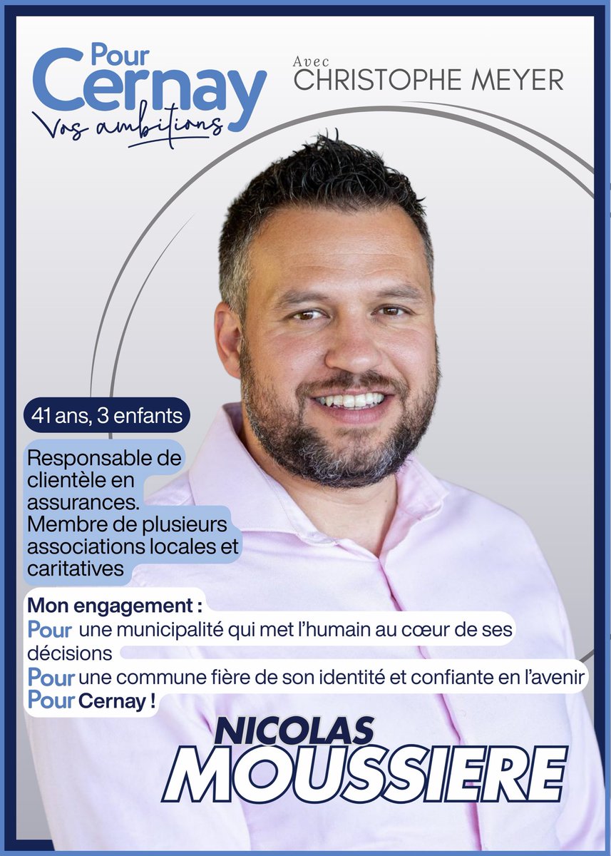 Christophe68700's tweet photo. Une personnalité au très grand cœur de la liste Pour Cernay : Nicolas Moussiere. 

Ses nombreux engagements sont tournés vers les autres. Notamment de nombreuses actions caritatives. Au niveau sportif il œuvre activement à l’inclusion de tous.

Il était sapeur pompier volontaire https://t.co/813cYSqXoR