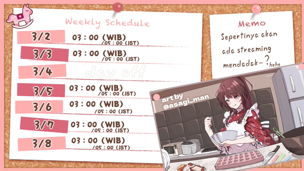 【🌸3/2-3/8　schedule🌸】

Aku akan semangat banget streaming pagi setiap hari!
Streaming malam mungkin akan aku lakukan kalau aku merasa sehat🤔❓