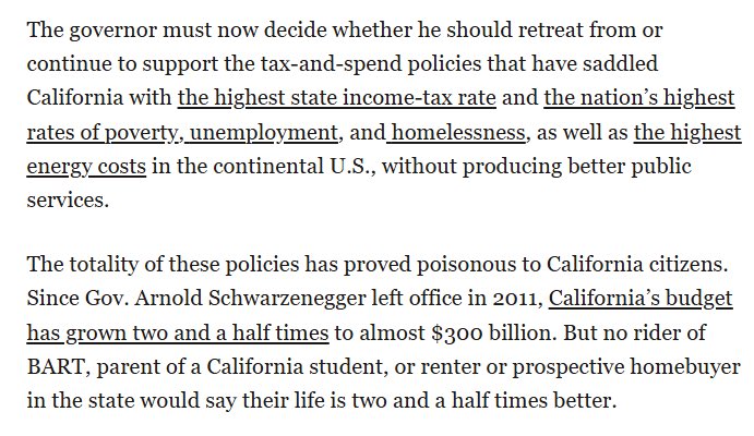 The State of California has been run top to bottom by one party since 2011.

Here are their results:

1) highest state income tax
2) highest rate of poverty
3) highest rate of unemployment 
4) highest rate of homelessness
5) highest energy costs

Hard to explain this away.