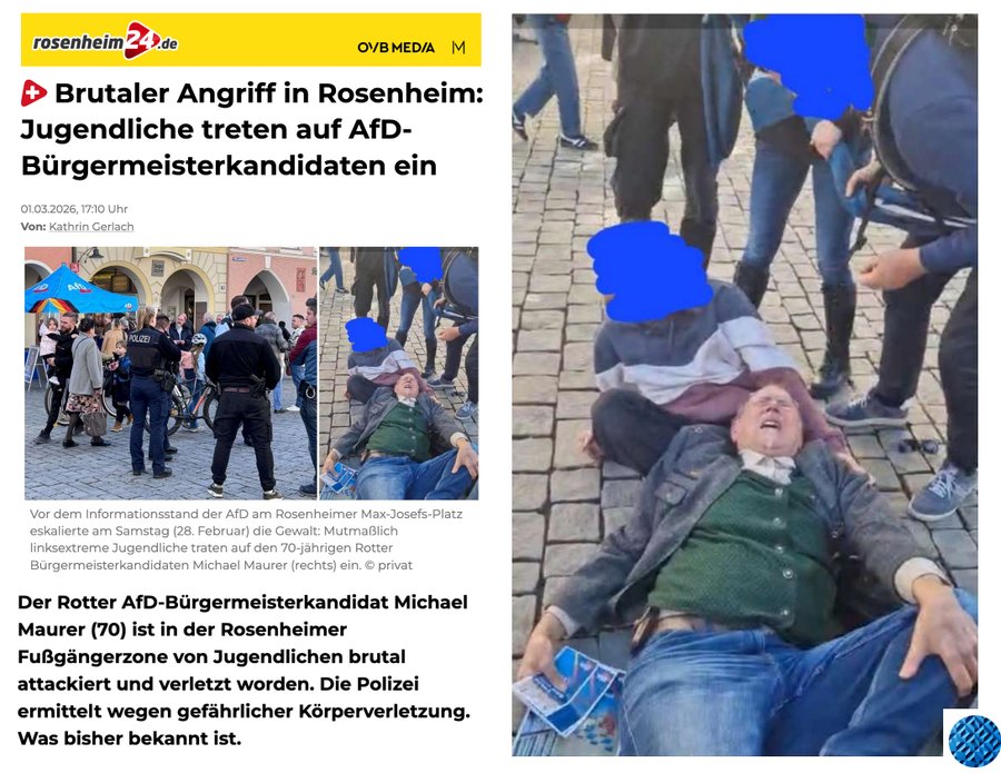 ++++EILMELDUNG++++
🔴🔴🔴🔴🔴🔴🔴🔴🔴🔴🔴🔴🔴🔴🔴
Nun ist auch der Name des Opfers des linksextremen Angriffs bekannt.  Es handelt sich um den Rotter AfD-Bürgermeisterkandidaten Michael Maurer.
🔴🔴🔴🔴🔴🔴🔴🔴🔴🔴🔴🔴🔴🔴🔴
Linke Medien tragen die Schuld!