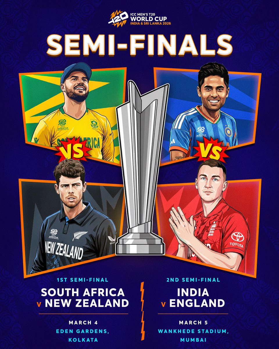 𝐀𝐧𝐝 𝐭𝐡𝐞𝐧 𝐭𝐡𝐞𝐫𝐞 𝐰𝐞𝐫𝐞 𝐟𝐨𝐮𝐫 🤩

The #T20WorldCup 2026 semi-finals are locked 🔒

More details➡️ icc-cricket.com/tournaments/me…