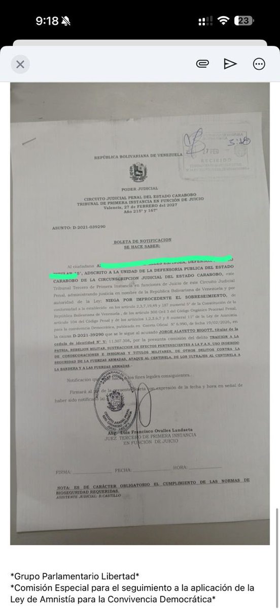 La supuesta amnistía vuelve a quedar en entredicho.
El juez Luis Ovalles rechazó la solicitud de amnistía de mi hermano Jorge H. Alayeto Bigott, civil detenido desde el 6 de agosto de 2017 en el marco del caso Fuerte Paramacay. El mismo juez que lo condenó por 10 delitos cuando