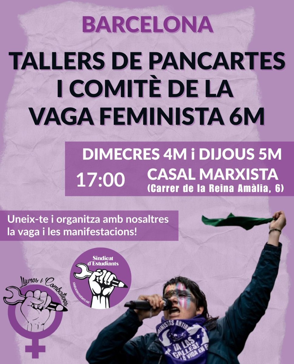 🎨🖌️ TALLERS DE PANCARTES I COMITÈ DE LA VAGA FEMINISTA 6M ❗A BARCELONA!! Vine DIMECRES 4M i DIJOUS 5M al Casal Marxista (17:00), i organitza la vaga del 6M amb nosaltres!

Contra la violència masclista i l'extrema dreta! Tothom a les manifestacions de les 12h! 🟣