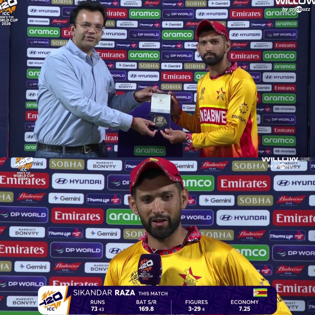 CricUpdate58494's tweet photo. 73 off 43 with the bat & 3/29 with the ball 🔥
Sikandar Raza earned the Player of the Match award for his excellent all-round performance, despite his team ending up on the losing side. 💥🏅🙌
#T20WorldCup #T20WorldCup2026 #ZIMvsSA #SAvsZIM #SikandarRaza #POTM https://t.co/u0pPC49W1E