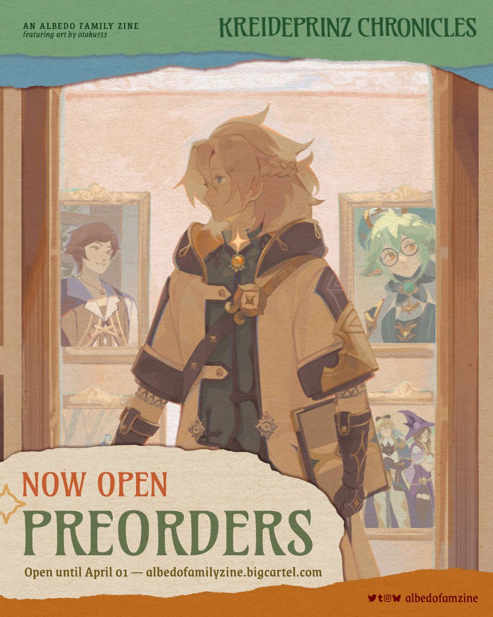 ✦ KREIDEPRINZ CHRONICLES: PREORDERS OPEN ✦

〔 ❝Moment of birth.❞ 〕

Preorders for Kreideprinz Chronicles, an Albedo family zine, are now OPEN! More information on our early bird discount, bundles, and stretch goals are given below! ⬇️

#Albedo #GenshinImpact