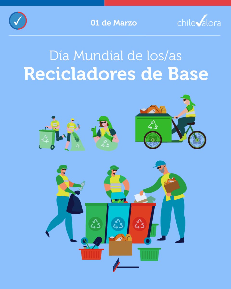 chilevalora's tweet photo. ¡Hoy celebramos a #Recicladoras y #Recicladores de Base! 🌍♻️
Los/as recicladores son pilares fundamentales de la #EconomíaCircular. Al darle una segunda oportunidad a los residuos, su trabajo se convierte en un acto de compromiso con las comunidades y las futuras generaciones.
Que este día sea un recordatorio de lo importante que es valorar y apoyar su labor, y certificar su experiencia para que puedan ser parte de la #LeyREP.
¡Feliz Día! 🌟