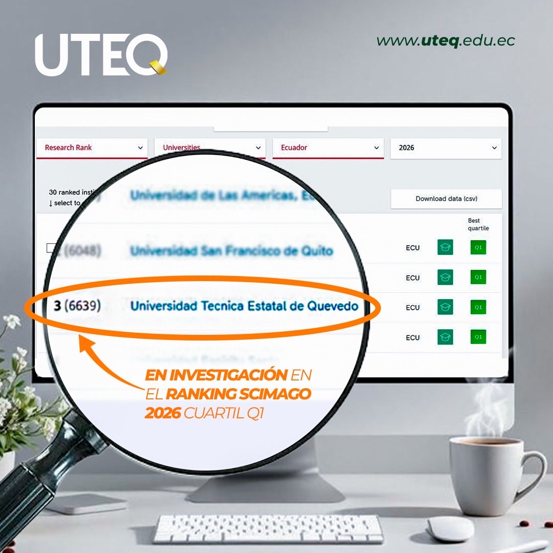 UTEQ, 3era universidad en investigación del Ecuador SCIMAGO 2026, consolidando su posicionamiento académico al ubicarse en el tercer lugar a nivel nacional y en el primer lugar entre las universidades públicas del Ecuador en el componente Investigación. 
uteq.edu.ec/es/comunicacio…