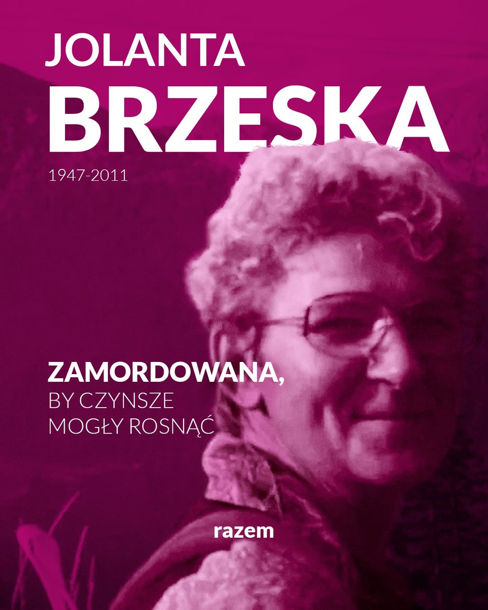 Wszystkich nas nie spalicie!
1 marca 2011 roku zamordowano Jolantę Brzeską - ikonę ruchu lokatorskiego. Jej spalone ciało odnaleziono w Lesie Kabackim. W momencie podpalenia Jolanta Brzeska wciąż żyła.
Jolanta Brzeska mieszkała w kamienicy wyremontowanej po wojnie przez jej ojca.