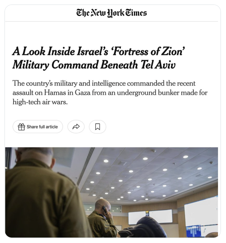 In 2021, Israel completed a 10-yr construction project called "Fortress of Zion," a new military HQ "beneath Tel Aviv," whose metropolitan area is home to half the population of Israel.  Israel uses 50% of its civilian population as a gigantic human shield.