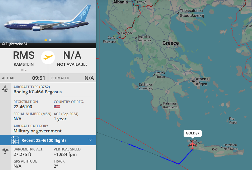 SirListenalot's tweet photo. #KC46 #GOLD87 dropped off "MO" #F15's #TABOR21-25 and is rtb Ramstein. Eagles #TABOR21-22 divert to Souda Bay, #TABOR23-25 continue to destination https://t.co/keFKwKM1gP