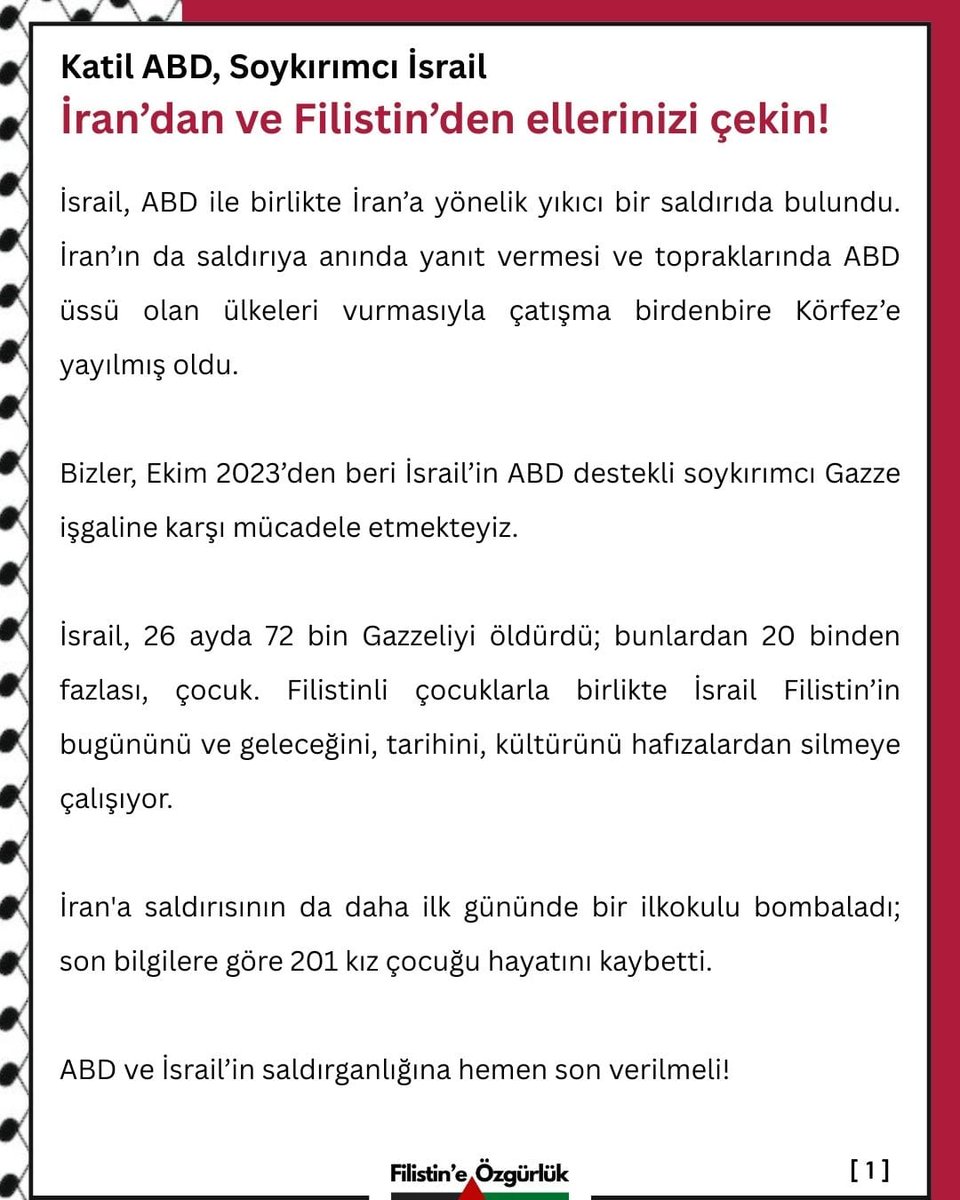 marksistorg's tweet photo. Filistin’e Özgürlük Platformu: “Hepimiz Gazzeliyiz! Hepimiz İranlıyız!”

ABD-İsrail’in İran’a saldırısına karşı çıkan platform, “Katil ABD, soykırımcı İsrail”, “İran’dan ve Filistin’den ellerinizi çekin!” başlıklı bir duyuru yayınladı.

https://t.co/BgF4yB4gJn https://t.co/Zp6kYoj5Cq