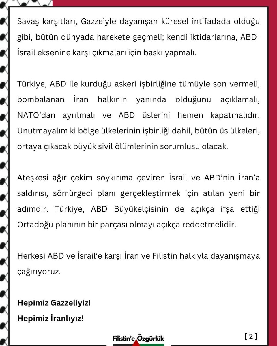Filistin’e Özgürlük Platformu: “Hepimiz Gazzeliyiz! Hepimiz İranlıyız!”

ABD-İsrail’in İran’a saldırısına karşı çıkan platform, “Katil ABD, soykırımcı İsrail”, “İran’dan ve Filistin’den ellerinizi çekin!” başlıklı bir duyuru yayınladı.

marksist.org/filistine-ozgu…