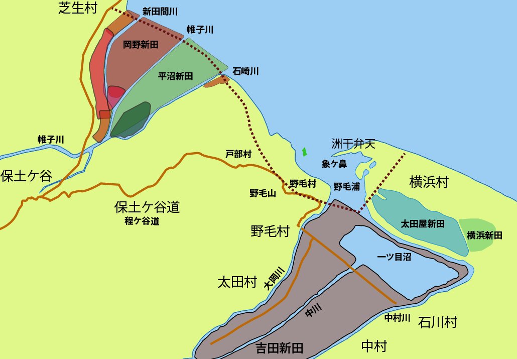 定期的に出てくる「横浜の範囲はどこまでなのか」問題、このように逆に考えてみると分かるが、究極的には今の横浜駅は横浜ではなく海か沼地。横浜とは江戸時代の吉田新田エリアの海寄り、今の山下町付近のみを言うんですよね。苫屋(とまや)の煙ちらりほらりと立てりしところよ…🥹🥹🥹