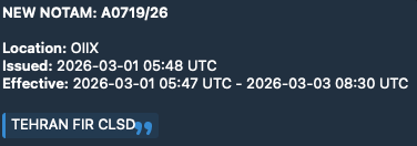 hey_itsmyturn's tweet image. #NOTAM for the closure of Iranian Airspace has been extended till March 3, 2026 0830Z 

t.me/irannotam/1996
