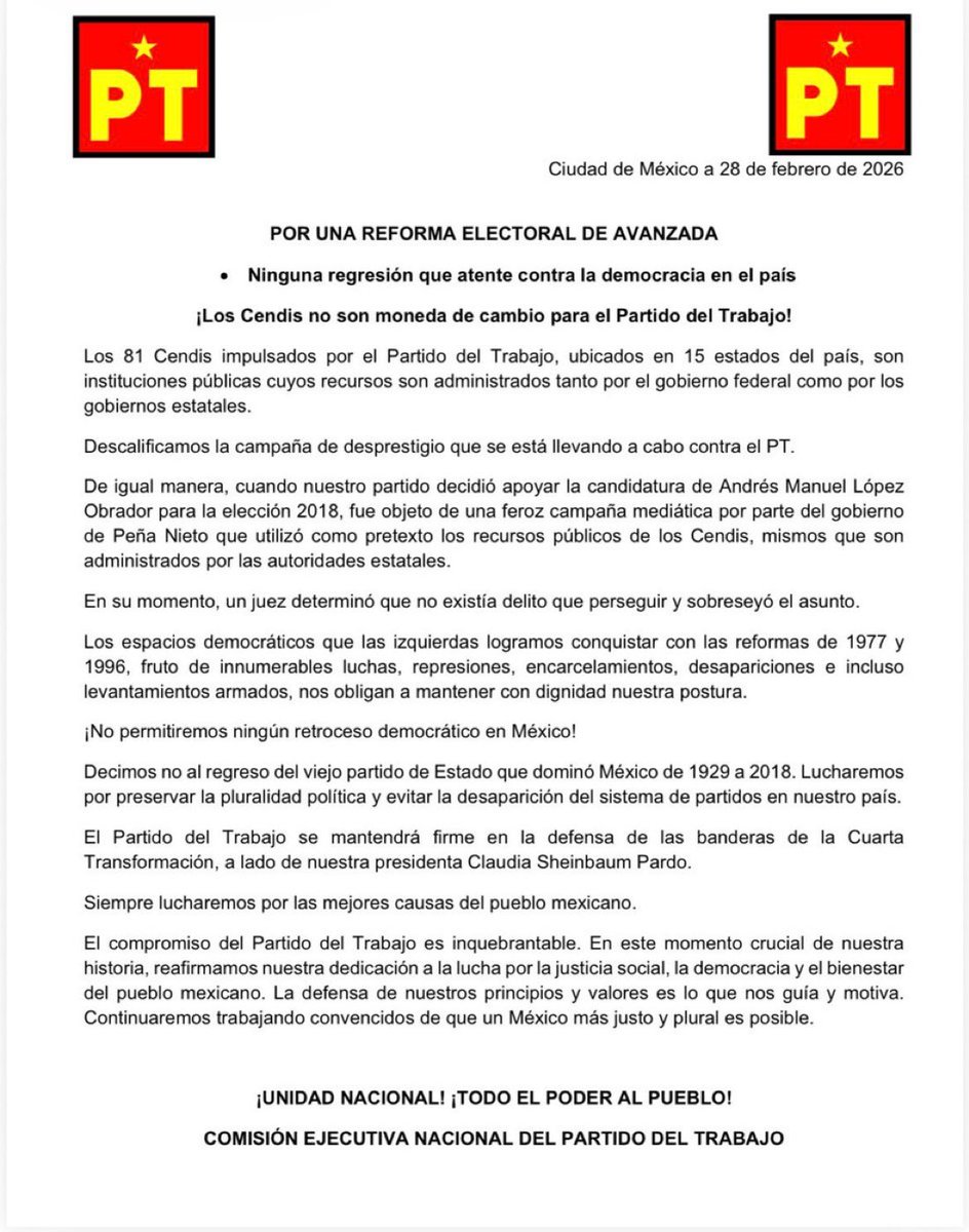 🚨 Partido del Trabajo no acompaña reforma electoral de Sheinbaum destructiva de la democracia.

Literalmente el PT exhibe que la reforma electoral de narco Morena busca regresar al sistema de partido único del poder, advirtiendo que no acompañan ese retroceso democrático.