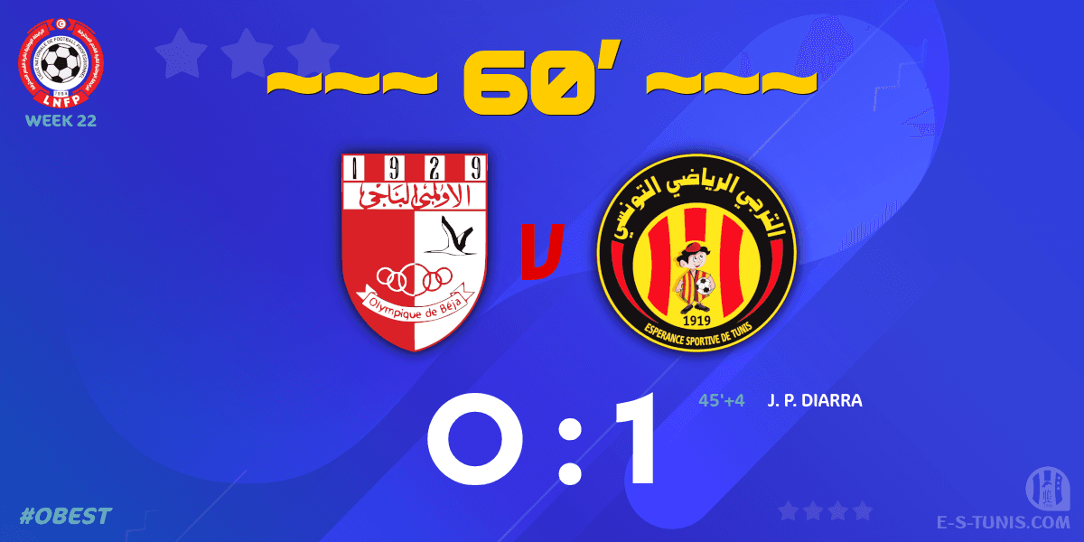 ESTuniscom's tweet photo. ⏱ 60' | #Ligue1Tn🇹🇳 Week 22 #OBEST | #OlympiqueBeja 0⃣-1⃣ @ESTuniscom : Score reminder / تذكير بالنتيجة / Rappel du score https://t.co/HdHtyHADxO