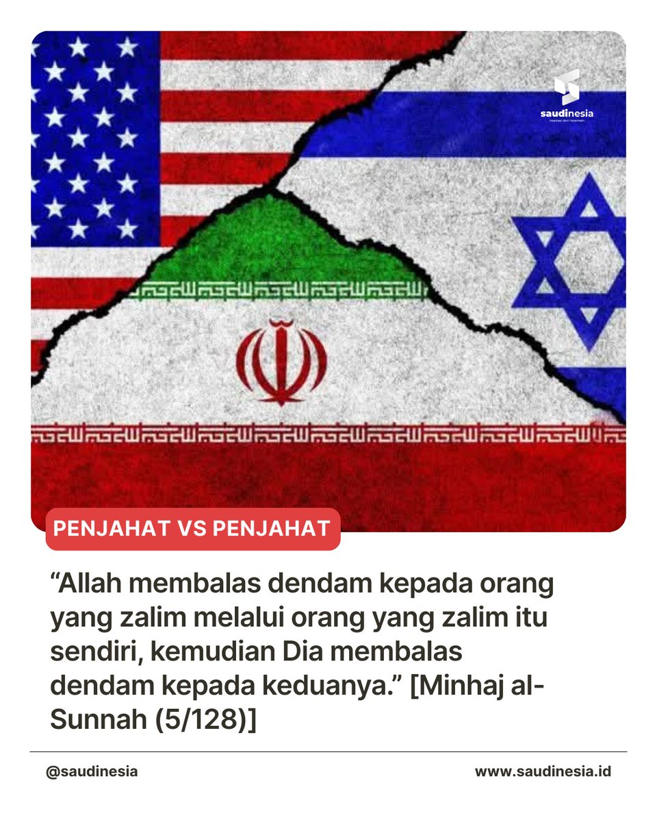 saudinesia's tweet photo. Imam al-Awza'i rahimahullah berkata: “Jika dua orang jahat bertemu dan bertengkar, dan Allah membinasakan salah seorang dari mereka, maka alhamdulillah. Dan jika Dia membinasakan keduanya, maka alhamdulillah katsiran.”

📚 Dinukil oleh al-Dhahabi dalam “Siyar A'lam al-Nubala’” (8/458)

⸻

Imam Malik ibn Anas rahimahullah  berkata:

“Allah membalas dendam kepada orang yang zalim melalui orang yang zalim itu sendiri, kemudian Dia membalas dendam kepada keduanya.”

📚 Disebutkan oleh Ibnu Taymiyyah dalam “Minhaj al-Sunnah” (5/128)

⸻

Syaikh al-Islam Ibnu Taymiyyah (semoga Allah merahmatinya) berkata:

“Ketika orang-orang zalim saling bertengkar, sebagian memperoleh kekuasaan atas sebagian lainnya, dan di situlah letak pertolongan bagi orang-orang yang tertindas.”

📚 Majmu’ al-Fatawa (28/546)

⸻

Al-Hasan al-Basri (semoga Allah merahmatinya) berkata:

“Allah tidak pernah membalas dendam kepada kaum yang zalim tanpa memberikan kuasa kepada seseorang yang lebih zalim daripada mereka.”

📚 Diriwayatkan oleh Ibnu Abi al-Dunya dalam “Al-Uqubat”

⸻
