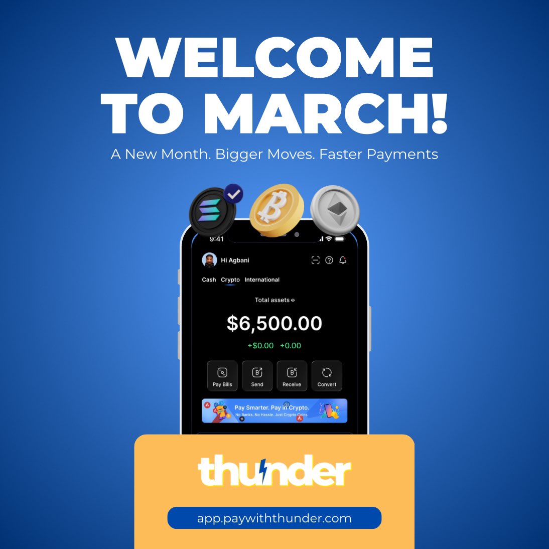paywiththunder's tweet photo. Welcome to March! ⚡

A new month, new momentum.

Thank you to all our amazing users for trusting us with your bill payments. Your support means everything to us.

Exciting updates are coming this March… Stay tuned 👀

Use Thunder for your payments.

🌐 https://t.co/N3uJmqEIps https://t.co/iH93xpDgOz