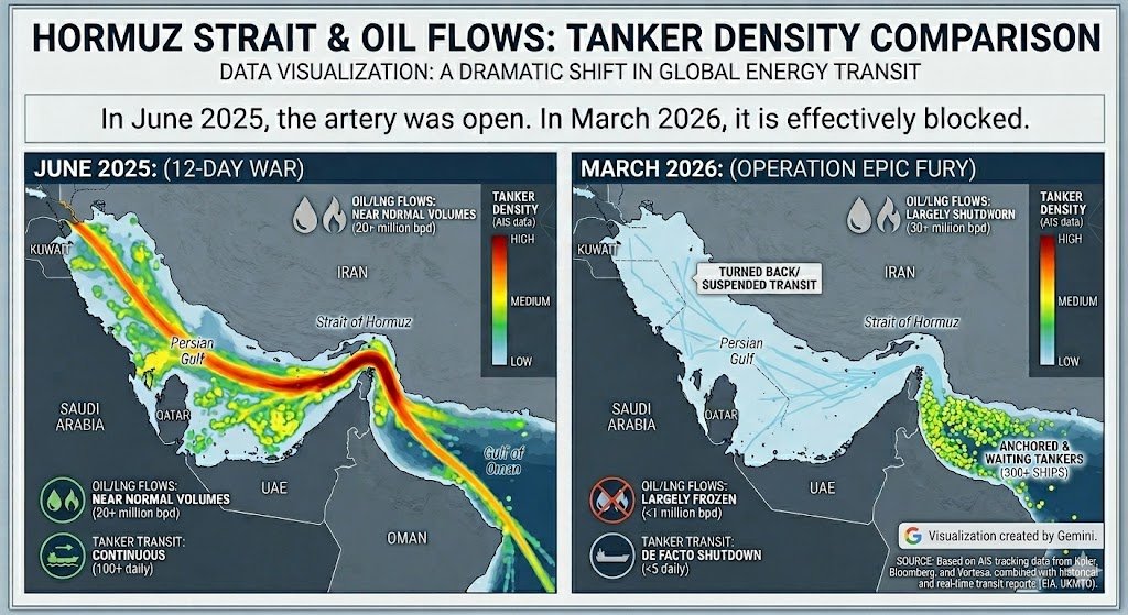 RodrigoBensusan's tweet photo. The current situation under Operation Epic Fury is fundamentally different from the "12-Day War" of June 2025. We’ve moved from "cautious transit" to a total energy freeze. @Geiger_Capital @Globalflows @NickTimiraos @neilksethi  #StraitOfHormuz #OilPrice https://t.co/GUylRQdup1