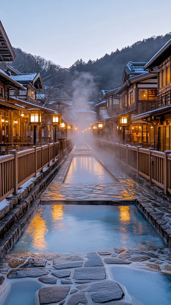 DreamJapanwk's tweet photo. Steam rising through a quiet winter evening in Kusatsu ♨️❄️ Warm lanterns, fresh snow, and the soft sound of flowing hot springs — moments like these make Japan unforgettable.

📍 Kusatsu Onsen, Gunma, Japan
#Japan #JapanTravel #Kusatsu #onsen #hotspring #winter #snow #lantern #cozy #AIart #Midjourney