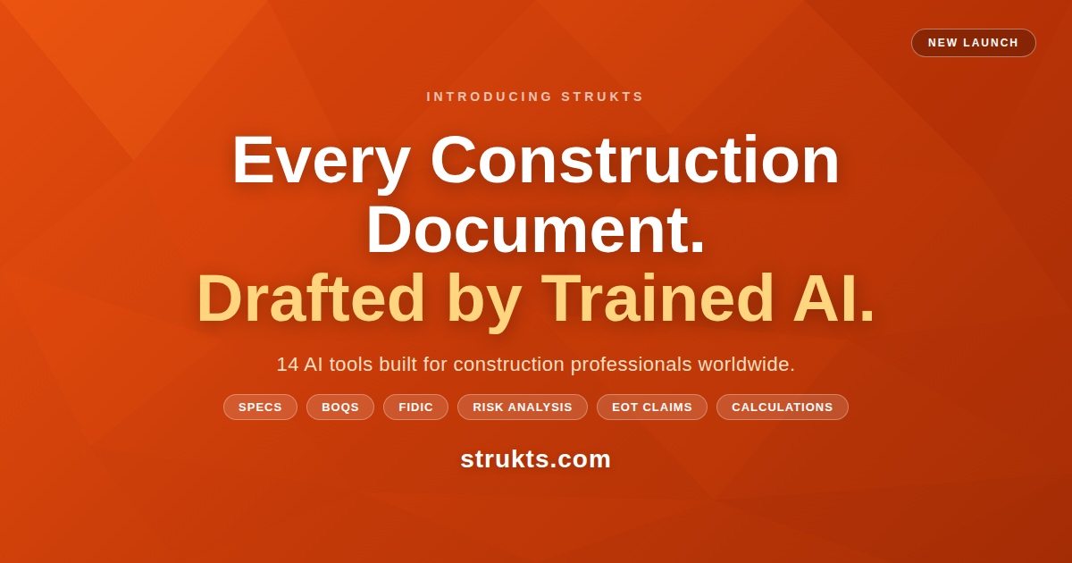 strukts's tweet photo. Introducing Strukts — 14 trained AI tools for construction professionals. Specs, BOQs, FIDIC contracts, risk analysis &amp; EOT claims. One platform. Get started free.
🔗 https://t.co/t7xLf34Rv1
#ConstructionTech #AI #FIDIC #BIM https://t.co/RLlRAyi2by